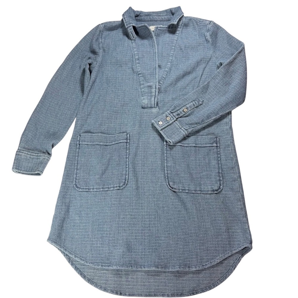 Lou & Grey Blue Denim Washed Popover Shirt Dress Textured Pockets Medium